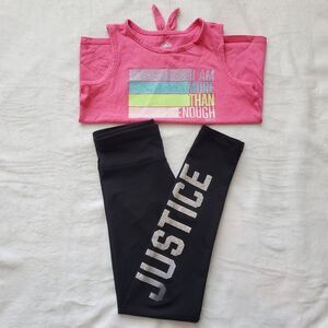 Justice Girls Pink Tank Top & Black Tights Glitter Athleisure Kids Outfit 7/8